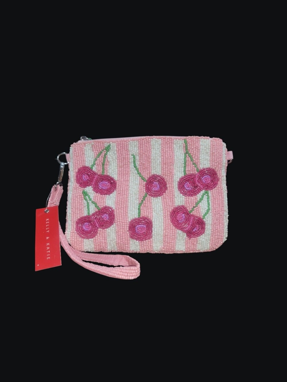 Kelly & Katie Pink Striped Beaded Cherry Wristlet